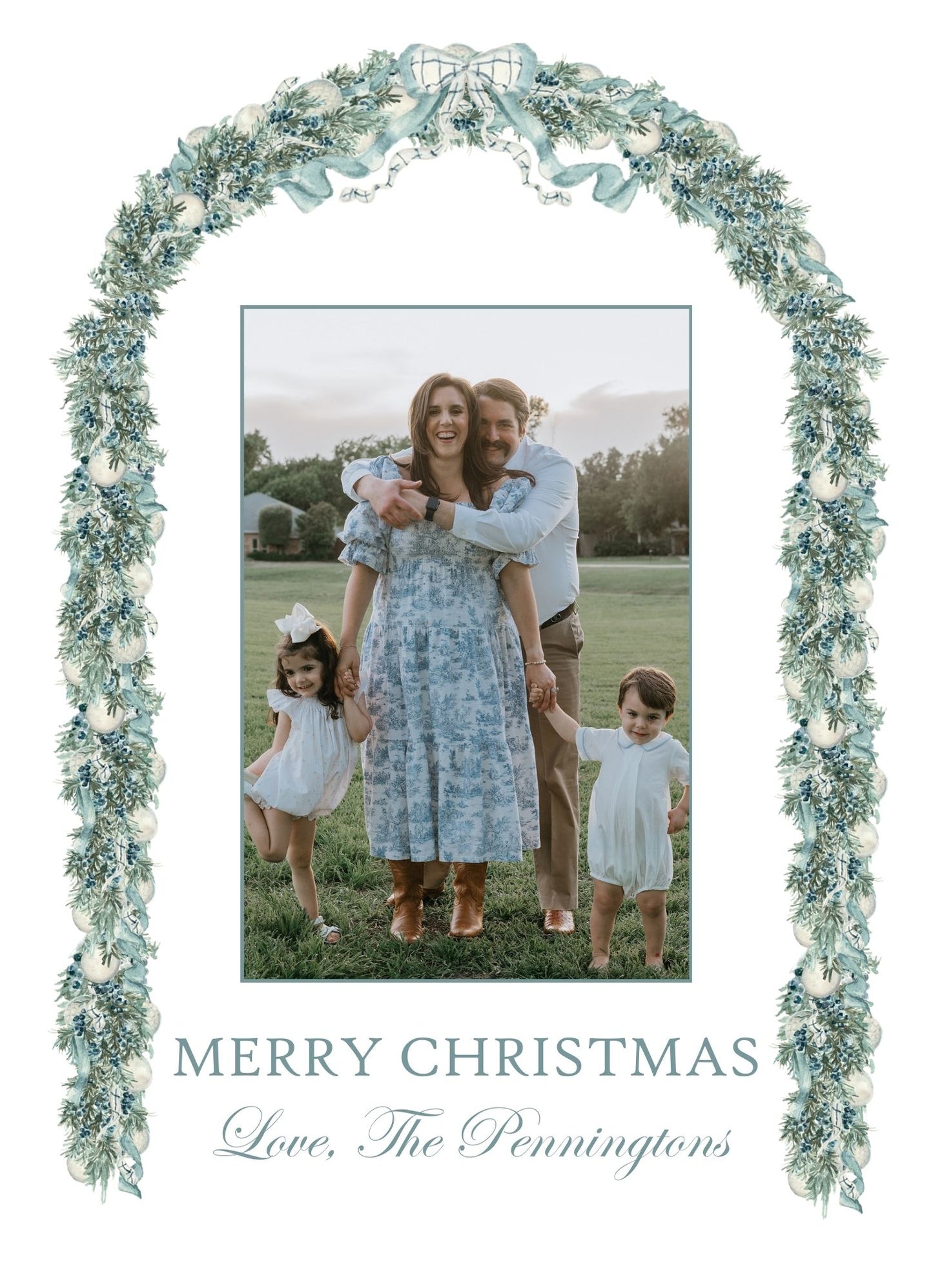 Blue Garland Arch & Watercolor Stripe Holiday Card