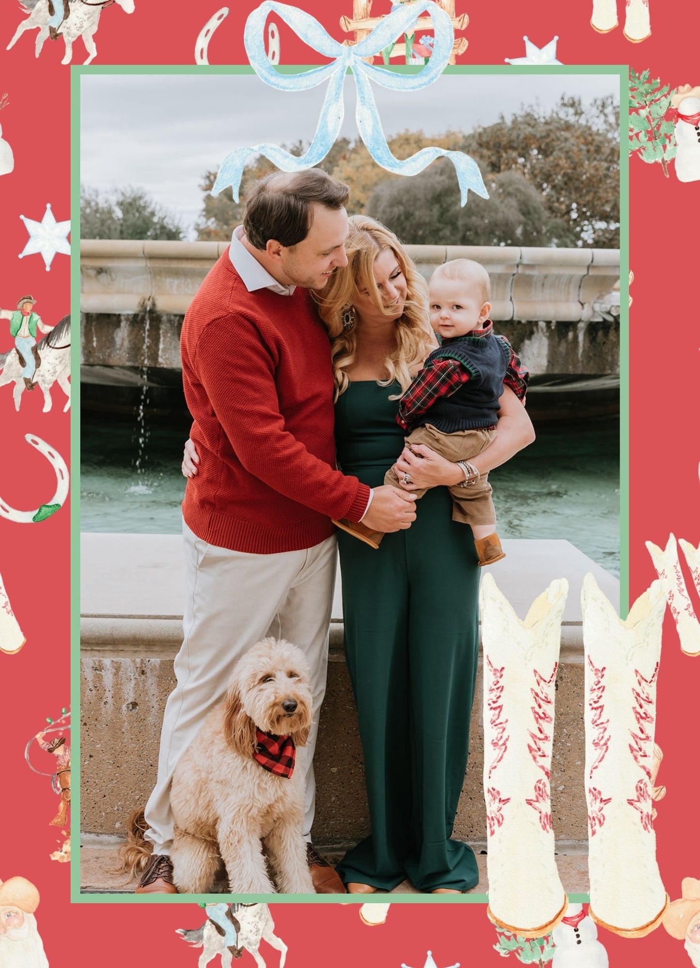 Red Border Cowboy Boots with Blue Bow Holiday Card
