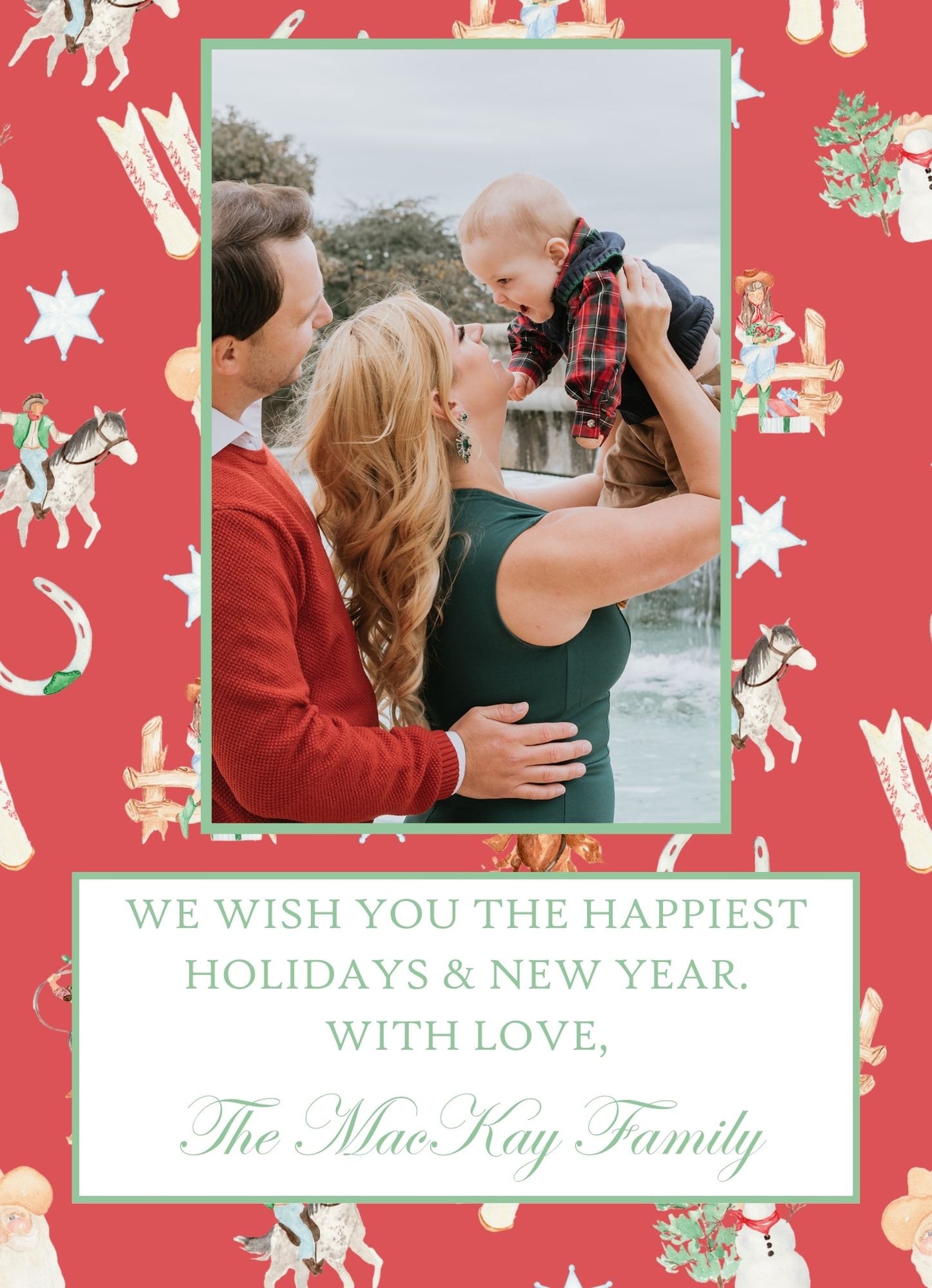 Red Border Cowboy Boots with Blue Bow Holiday Card