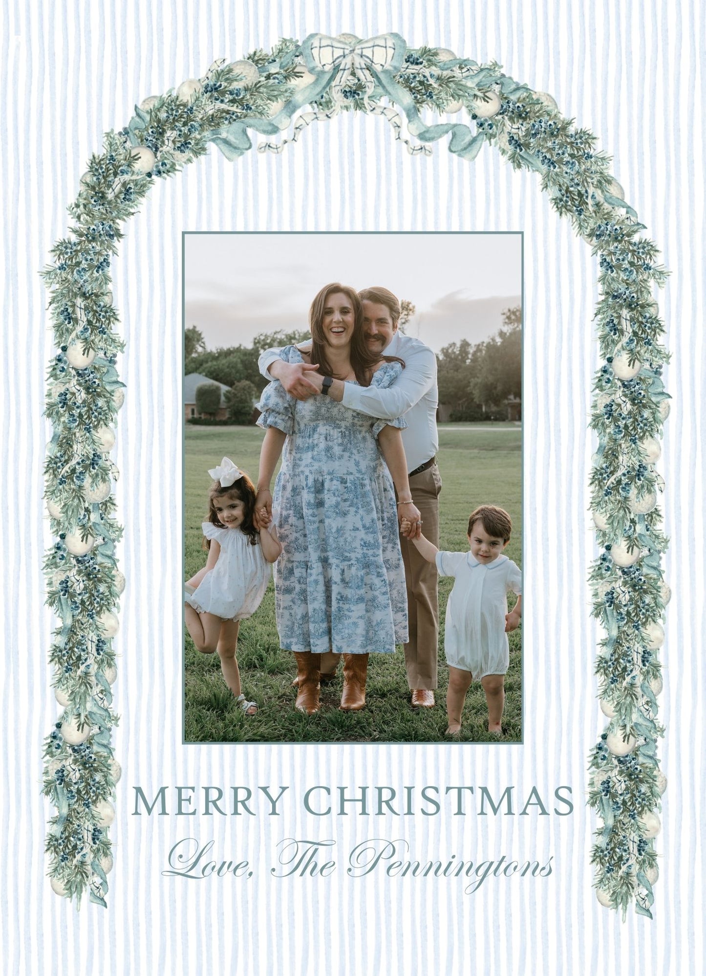 Blue Garland Arch & Watercolor Stripe Holiday Card