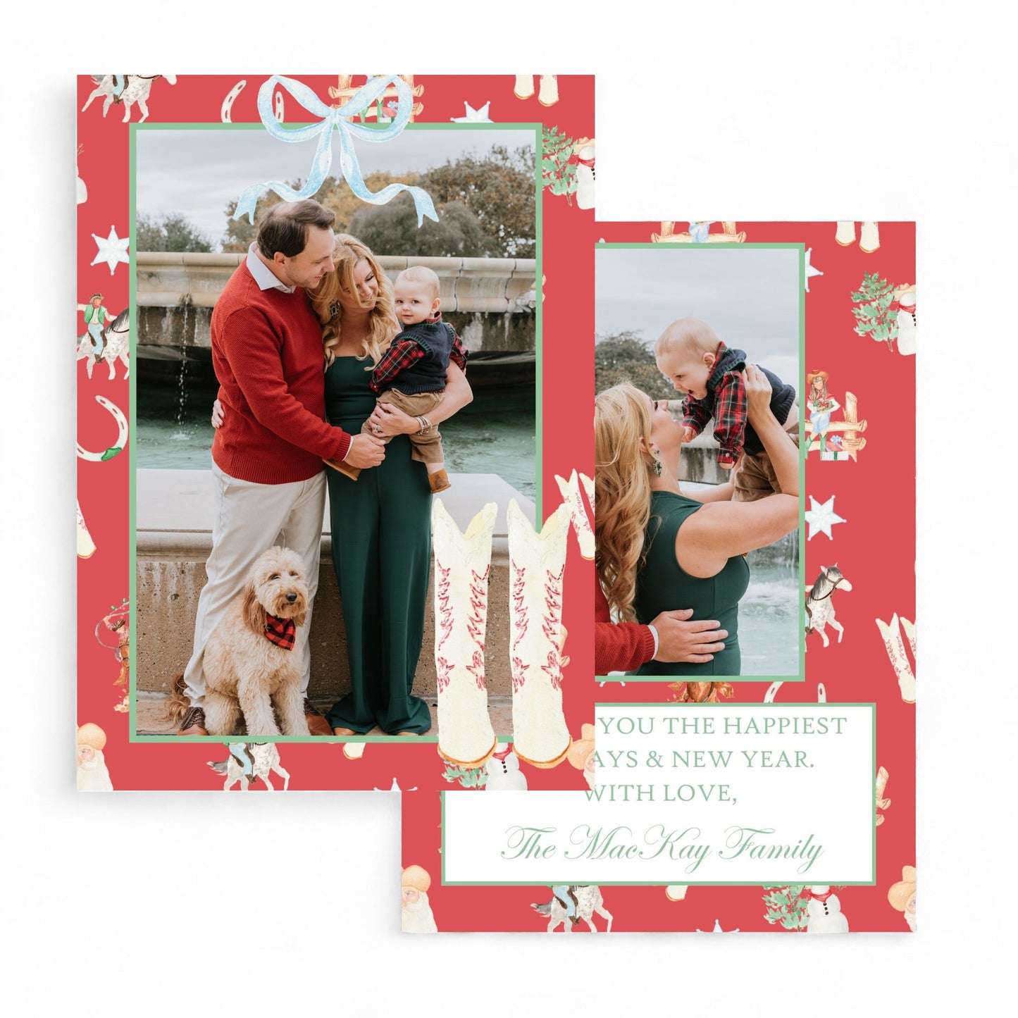 Red Border Cowboy Boots with Blue Bow Holiday Card