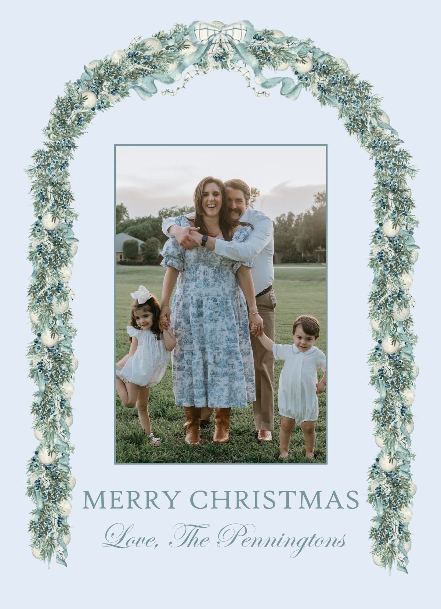 Blue Garland Arch & Watercolor Stripe Holiday Card