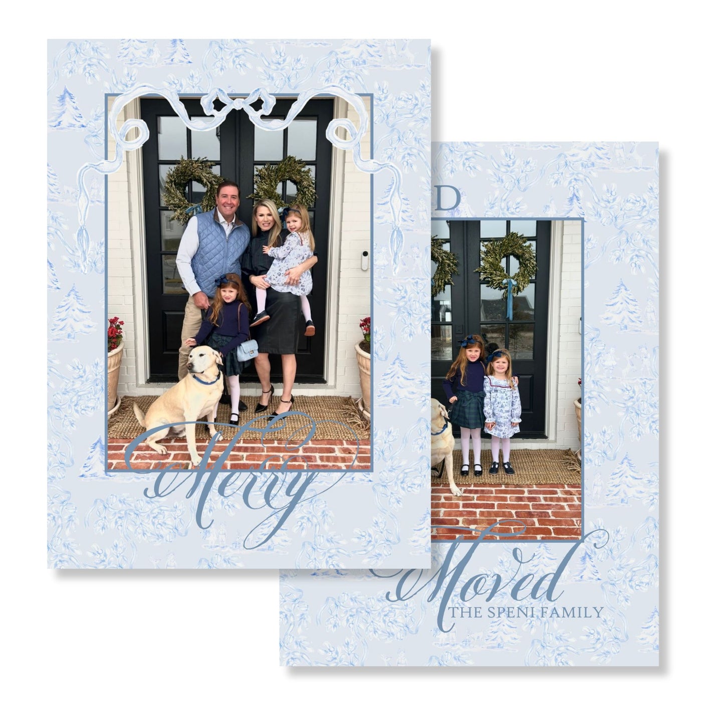 Christmas Toile & Sweet Blue Bow Holiday Card