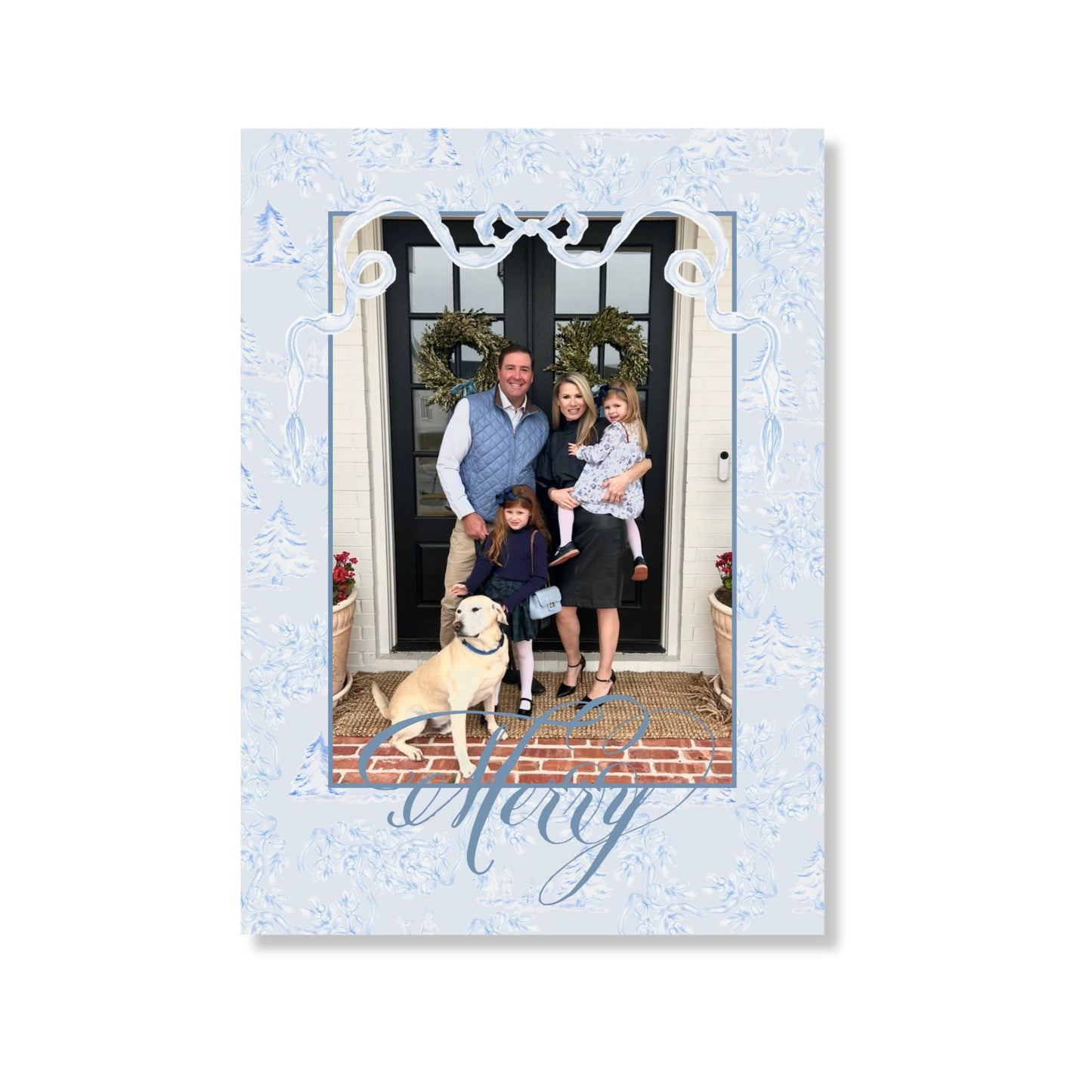 Christmas Toile & Sweet Blue Bow Holiday Card