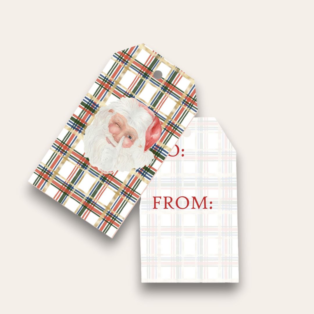 Santa Loves Watercolor Plaid Big Gift Tags (White Edition)