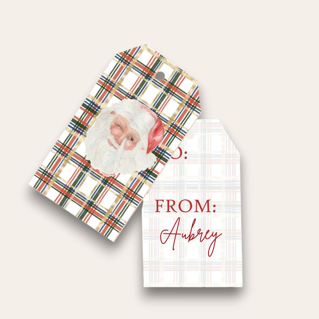Santa Loves Watercolor Plaid Big Gift Tags (White Edition)